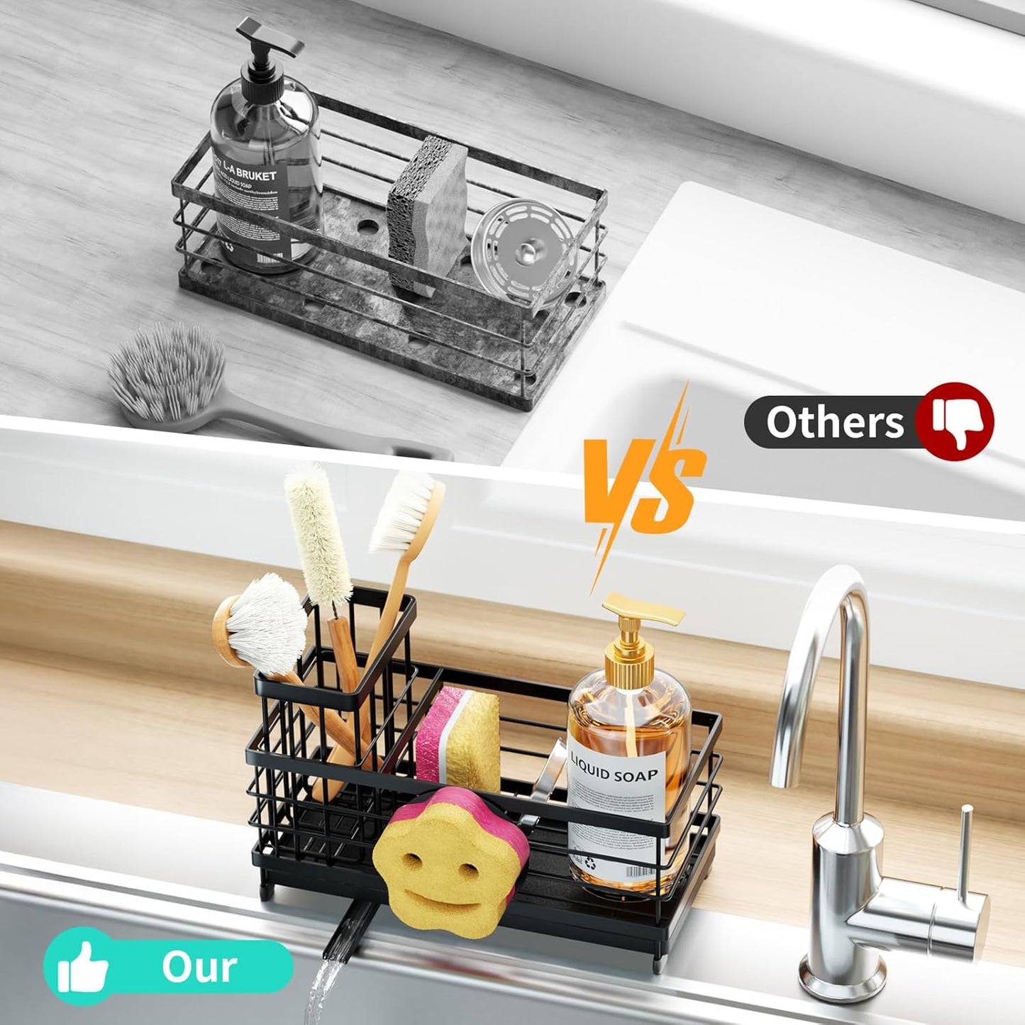 HapiRm Sponge Holder for Kitchen Sink - Self-draining Sink Caddy with Brush and Dishcloth Holders, Stainless Steel Kitchen Countertop Organizers and Storage Essentials - Black
