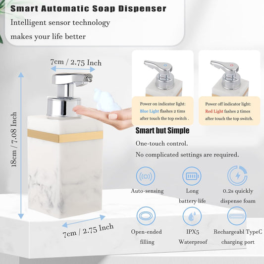 Automatic Soap Dispenser, Touchless Smart Foam Soap Dispenser for Kitchen and Bathroom, USB Rechargeable, 7.6oz/225ml, Hands-Free Dish & Hand Soap Dispenser