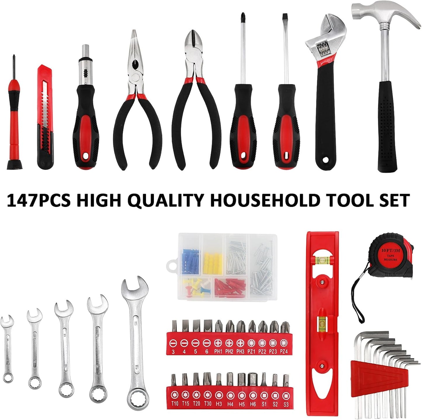 TLGREEN 147 Pieces Tool Set, Tool Kit for Home, Basic Tool Kit with Storage Tool Box, Screwdrivers, Adjustable Wrench, Pliers, Knife,General Household Hand Tool Set for Home, Car, Dorm, Garage