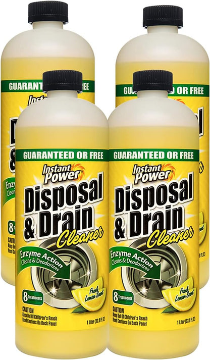 Instant Power Disposal and Drain Cleaner – Liquid Enzyme Clog Remover, Cleans and Deodorizes, Removes Drain Blockages, Fresh Lemon Scent, 33.8 Fl oz, 1 Liter