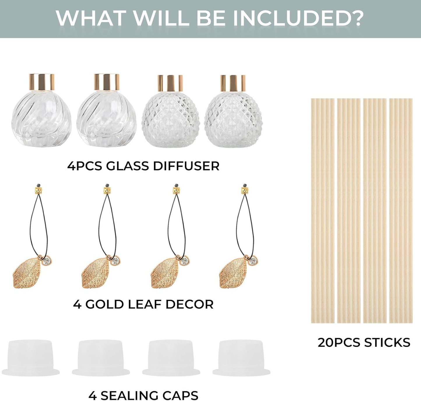4-Piece Reed Diffuser Set with Metal Golden Decoration, 3.5-4.2oz Empty Bottles and 20 Reed Sticks, Unique Design for Home and Office (4 Different Bottles)