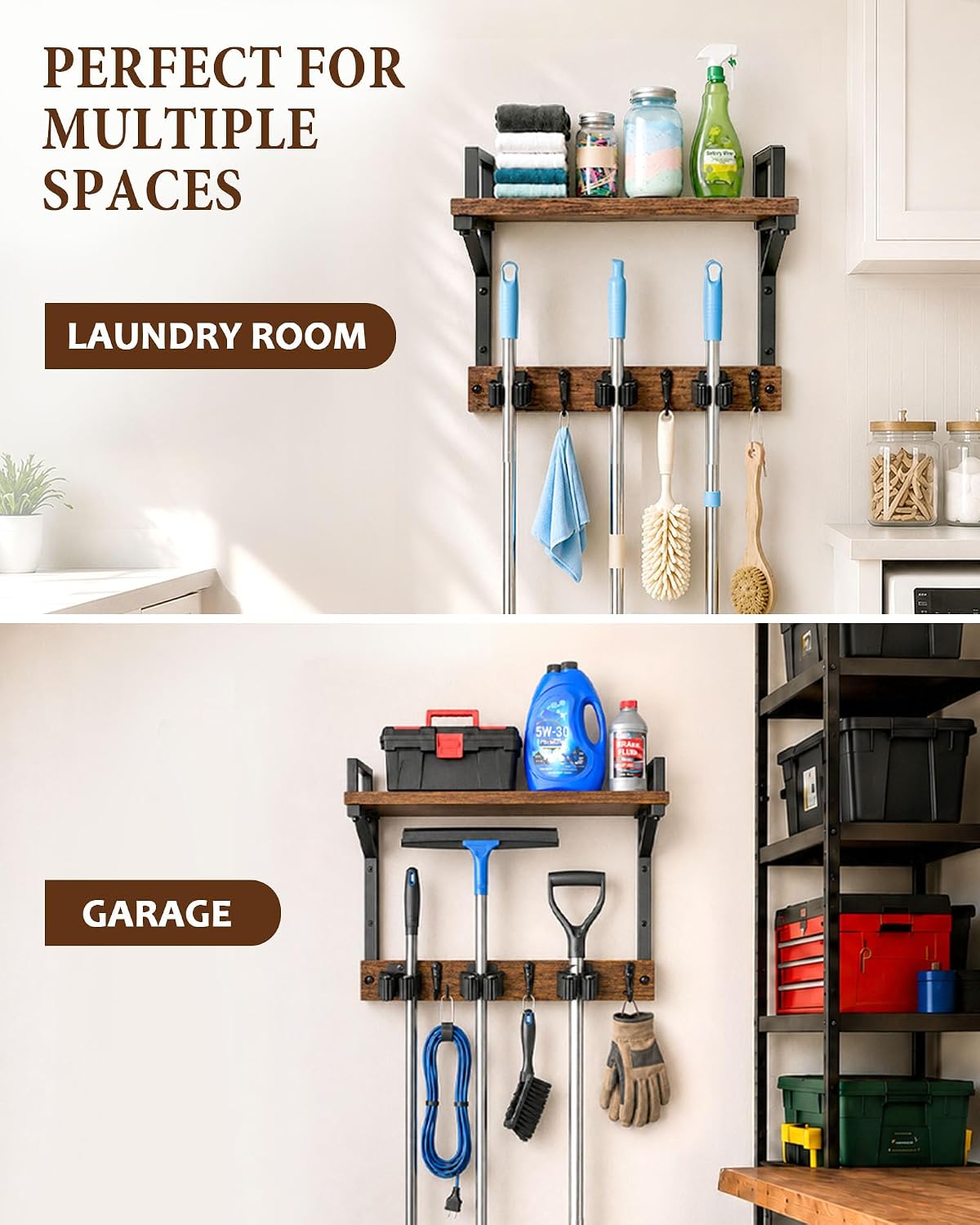 Lorbro Broom Holder Wall Mount with Cleaning Supplies Storage, Heavy Duty Broom and Mop Organizer Wall Hanging, Wooden Mop Organizer Hanger, 3 in 1 Storage Shelves for Laundry Room, Garage, Closet
