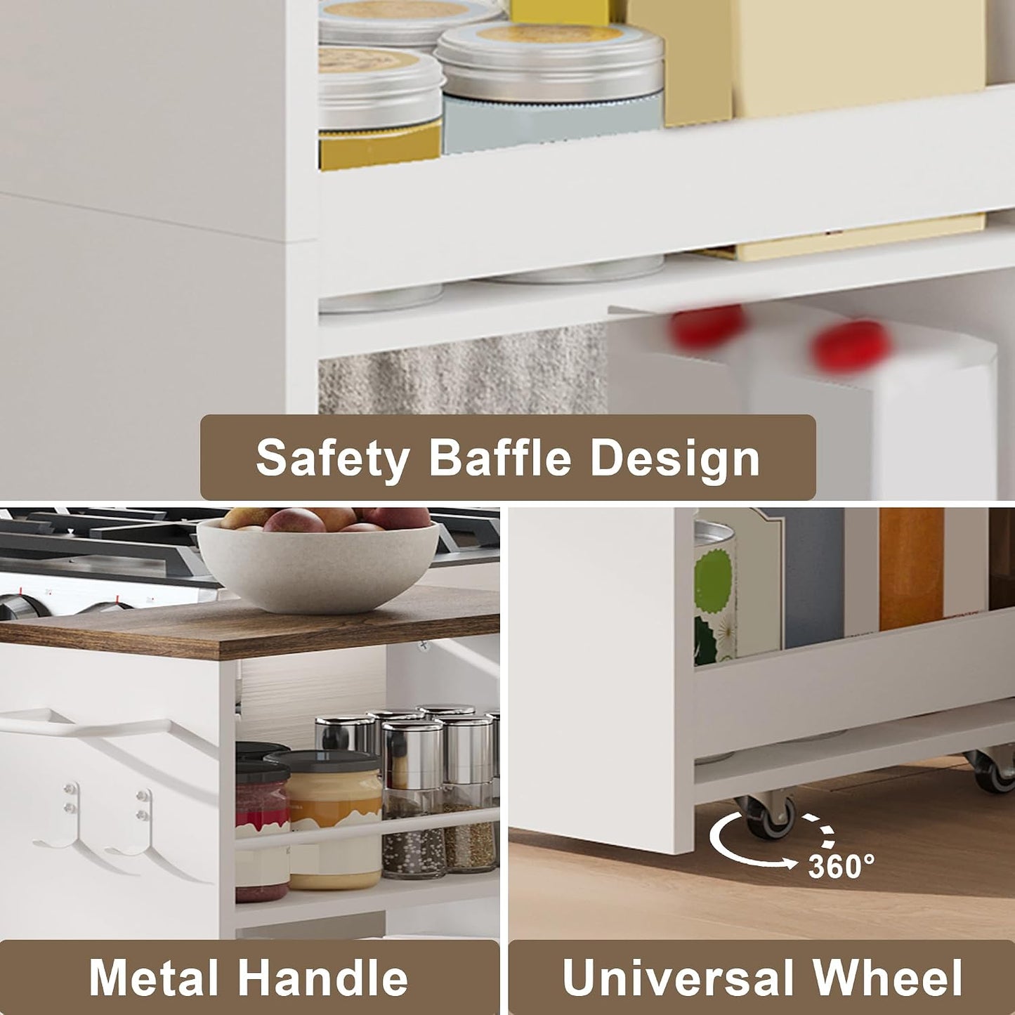 ChooChoo 4-Tier Slim Storage Cart, 7.87 inches Wide Narrow Storage Cabinet with 360° Wheels and 2 Hooks, Space-Saving Organizer for Kitchen, Narrow Places, Dining Room, Walnut+White