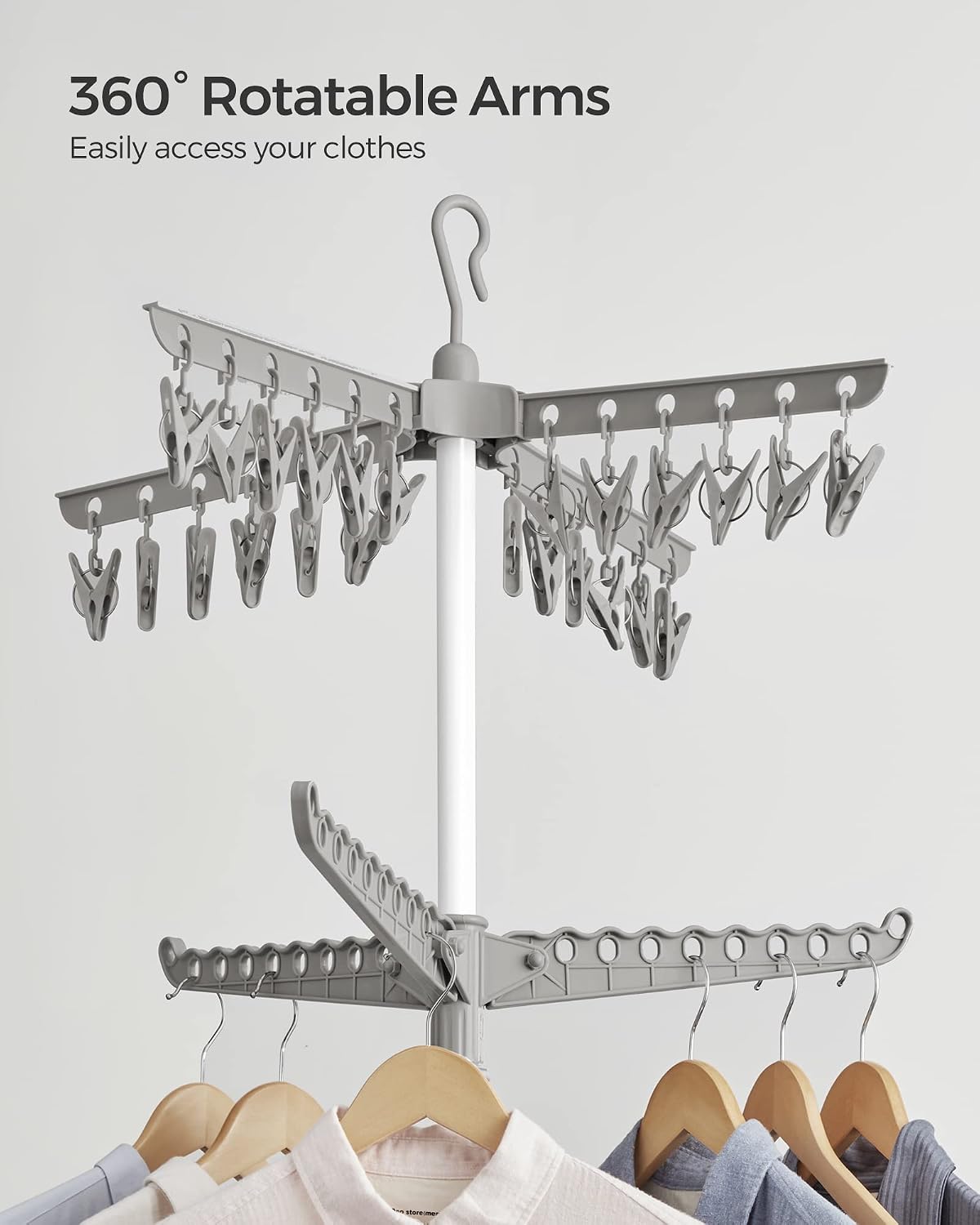 SONGMICS 2-Tier Clothes Drying Rack, 72-Inch Folding Laundry Drying Rack with 3 Rotatable Arms for Hangers, 24 Clips, Stainless Steel, for 27 Pieces of Clothes, Blue and Silver ULLR512Q01