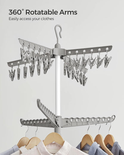 SONGMICS 2-Tier Clothes Drying Rack, 72-Inch Folding Laundry Drying Rack with 3 Rotatable Arms for Hangers, 24 Clips, Stainless Steel, for 27 Pieces of Clothes, Blue and Silver ULLR512Q01