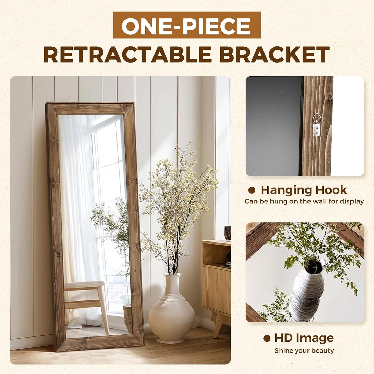 Solid Wood Full Length Mirror - 65"x22" Arched Floor Mirror, Free Standing & Wall Mounted - Elegant Design for Bedroom, Dressing Room, Hallway, Brown