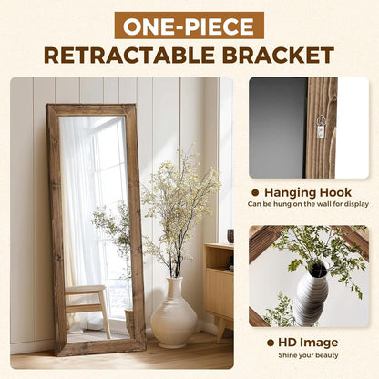 Solid Wood Full Length Mirror - 65"x22" Arched Floor Mirror, Free Standing & Wall Mounted - Elegant Design for Bedroom, Dressing Room, Hallway, Brown