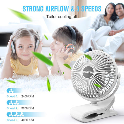BESKAR Clip on Fan, Portable Small Desk Fans with Strong Airflow, 3 Speeds with Personal Fans Sturdy Clamp, Quiet Desk Fan & Clip Fan with USB Cord Powered - No Battery