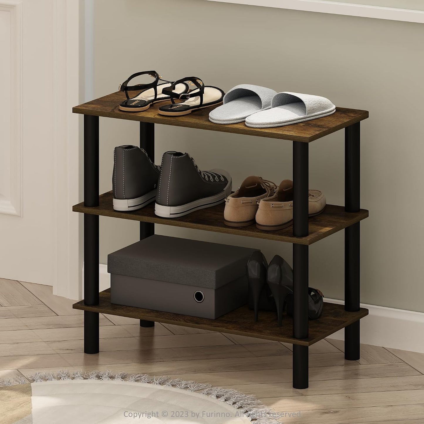 Furinno FANO Shoe Rack, 24-Inch Width 2-Tier Shoe Organizer, Stackable Shoes Storage, 11.7 x 24.2 x 11.7, for Closet Entryway, Office, Garage, Amber Pine