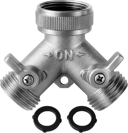 Morvat Heavy Duty Nickel Plated Brass 2 way Y Splitter Garden Hose Hexagonal Connector with Comfortable Grip Shut Off Valves, Adapter for Water Tap, Outlet, & Spigot, Includes 2 Extra Rubber Washers