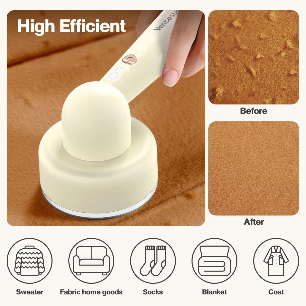 Fabric Shaver Lint Remover Rechargeable, Clothes Shaver Pill Remover with 6-Leaf Blades LED Digital Display 3-Gears Adjustable for Clothing Couch Furniture, Cream White