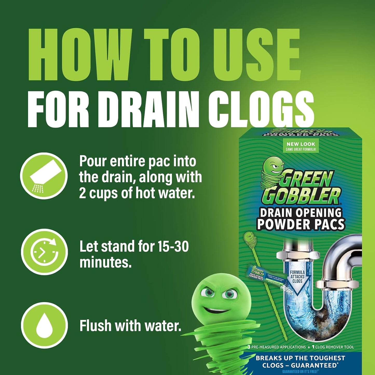 Green Gobbler Drain Clog Remover & Drain Cleaner Powder (5 Pacs & 5 Tools)