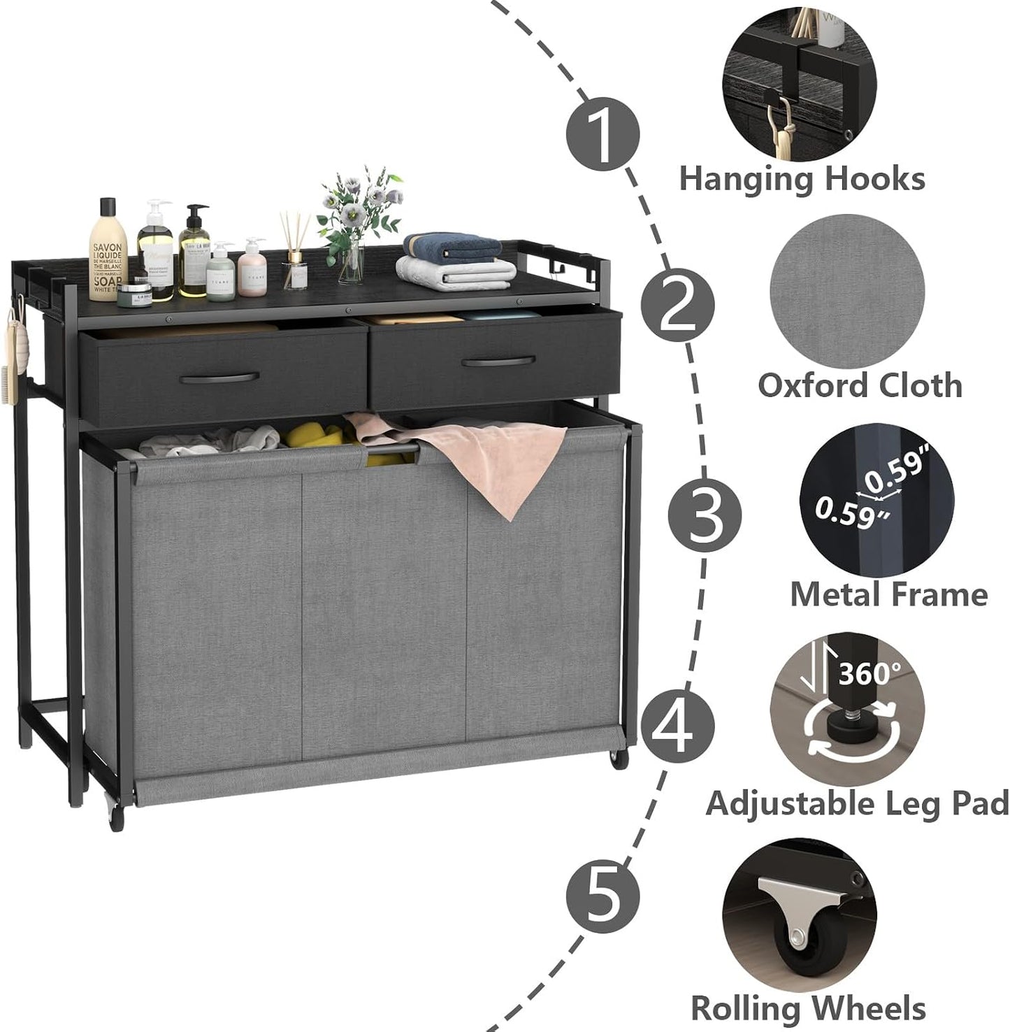 STIKELY Laundry Hamper Laundry Basket with 3 Section Pull-Out Rolling Bags, Laundry Sorter for Organization and Storage with 2 Pull-Out Drawers for Laundry Room, Bathroom, Bedroom Use (Rustic Brown)