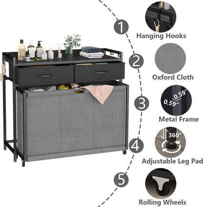 STIKELY Laundry Hamper Laundry Basket with 3 Section Pull-Out Rolling Bags, Laundry Sorter for Organization and Storage with 2 Pull-Out Drawers for Laundry Room, Bathroom, Bedroom Use (Rustic Brown)