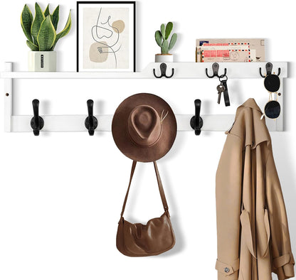 dreampossible Coat Rack Wall Mount with Shelf, Coat Hanger Wall Mount with Key Hooks and Mail Holder, Wood Entryway Floating Shelf with Hooks and Storage, Hat Rack for Wall Key Holder Mail Organizer
