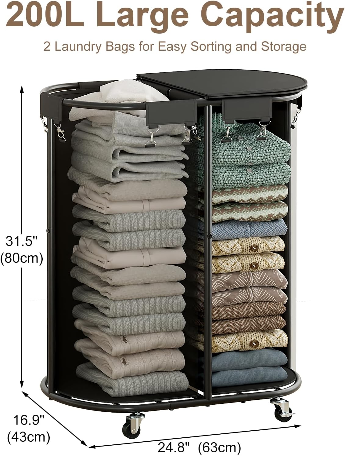 200L Double Laundry Hamper with Lid and Wheels, Large Oval Rolling Laundry Basket 2 section, Sturdy Metal Laundry Cart with 2 Removable Bags, Dirty Clothes Organizer for Home, Dorm, Black