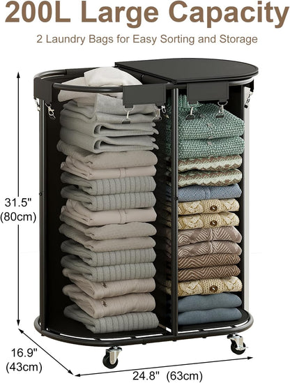 200L Double Laundry Hamper with Lid and Wheels, Large Oval Rolling Laundry Basket 2 section, Sturdy Metal Laundry Cart with 2 Removable Bags, Dirty Clothes Organizer for Home, Dorm, Black