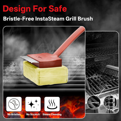 Grill Brush Bristle Free, Steam Grill Cleaning Brush with Detachable & Dishwash-Safe Brush-Head, Ergonomic Comfort Grip for Cast Iron/Stainless-Steel Grates, Safe Barbecue Grill Cleaner
