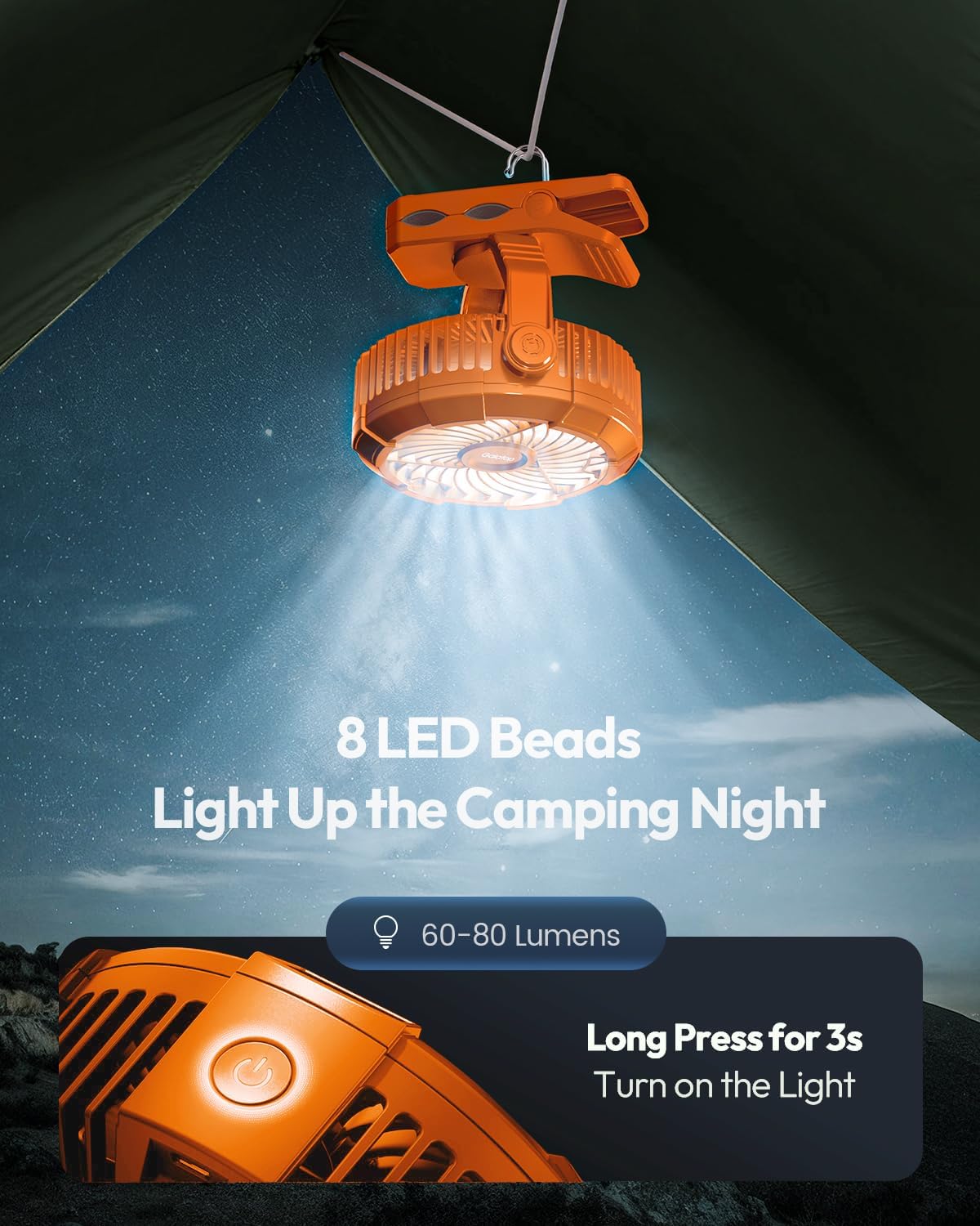 Gaiatop Portable Camping Fan with LED Lantern, 360°Rotation and Clip on for Desk, USB Rechargeable Battery Powered, Digital Display and Hanging Hook for Tent Outdoor Travel Bedroom Black