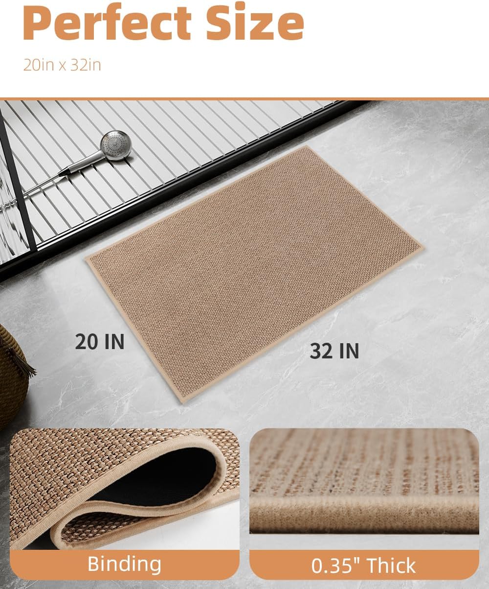 PADOOR Non-Slip Bath Mat With Rubber-Backing, Braided Absorbent Machine Washable Thin Rug for Bathroom Floor, Quick Dry, Fits Under Door, 17''x24'' Beige