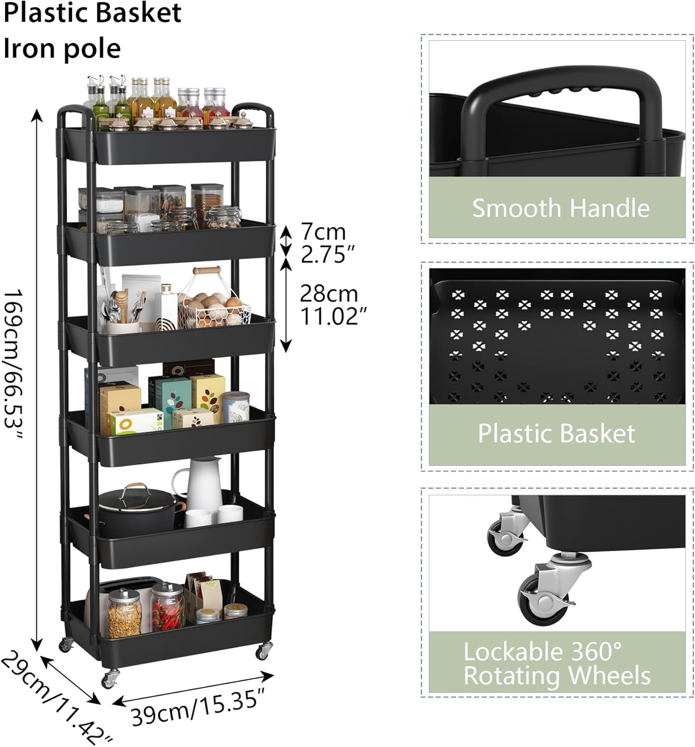 Sywhitta 4-Tier Plastic Rolling Utility Cart with Handle, Multi-Functional Storage Trolley for Office, Living Room, Kitchen, Movable Storage Organizer with Wheels, Black