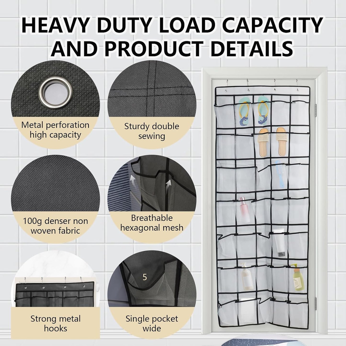 Over the Door Shoe Organizer, 12 Mesh Pockets Hanging Shoe Organizer with 4 Metal Hooks (Black)