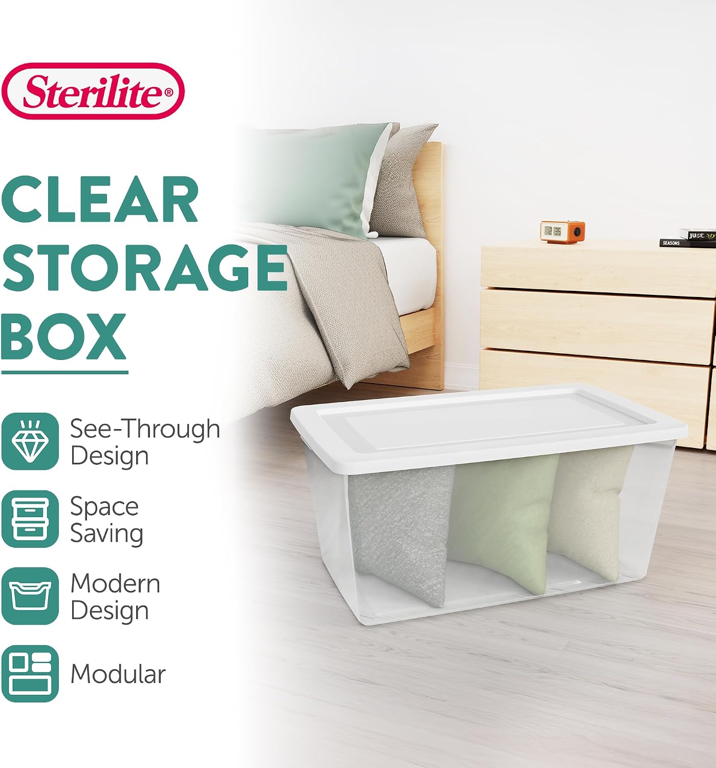 Sterilite 6 Pack Storage Box, 41 Quart Stackable Tote, Clear Plastic Container with Secure Snapping White Lids for Home and Office Organization