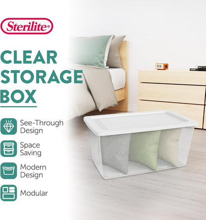 Sterilite 6 Pack Storage Box, 41 Quart Stackable Tote, Clear Plastic Container with Secure Snapping White Lids for Home and Office Organization