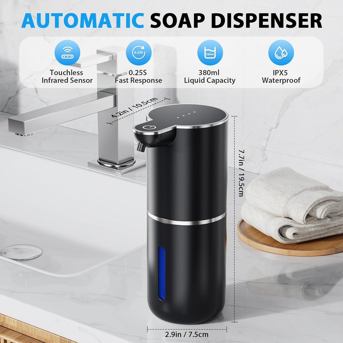 Fantictas Automatic Soap Dispenser Touchless Automatic Foam Soap Dispenser 380ML 4 Adjustable Levels 1200mAh Soap Dispensing Wall Mount for Kitchen and Bathroom,Black