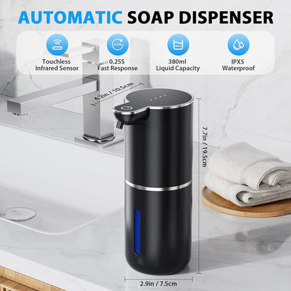 Fantictas Automatic Soap Dispenser Touchless Automatic Foam Soap Dispenser 380ML 4 Adjustable Levels 1200mAh Soap Dispensing Wall Mount for Kitchen and Bathroom,Black