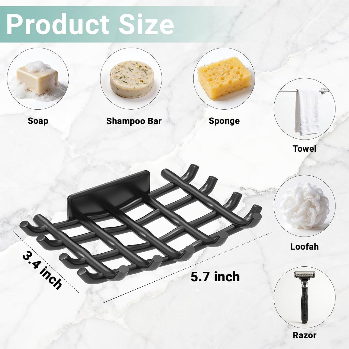 Bar Soap Holder for Shower Wall, Self Draining Plastic Bar Soap Dish Tray Container Case for Bathroom Sink, Adhesive Shower Soap Dish Holder Wall Mounted, Black 2 Pack