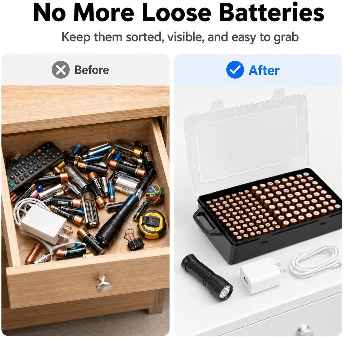 Xuerdon Battery Organizer Case with BT168 Tester 120+ Batteries Storage Box | Clear Plastic Battery Box Holds 49AA 51AAA 10CR2032 10CR1632 Batteries, Wall Mount Drawer Organizer Batteries not Included