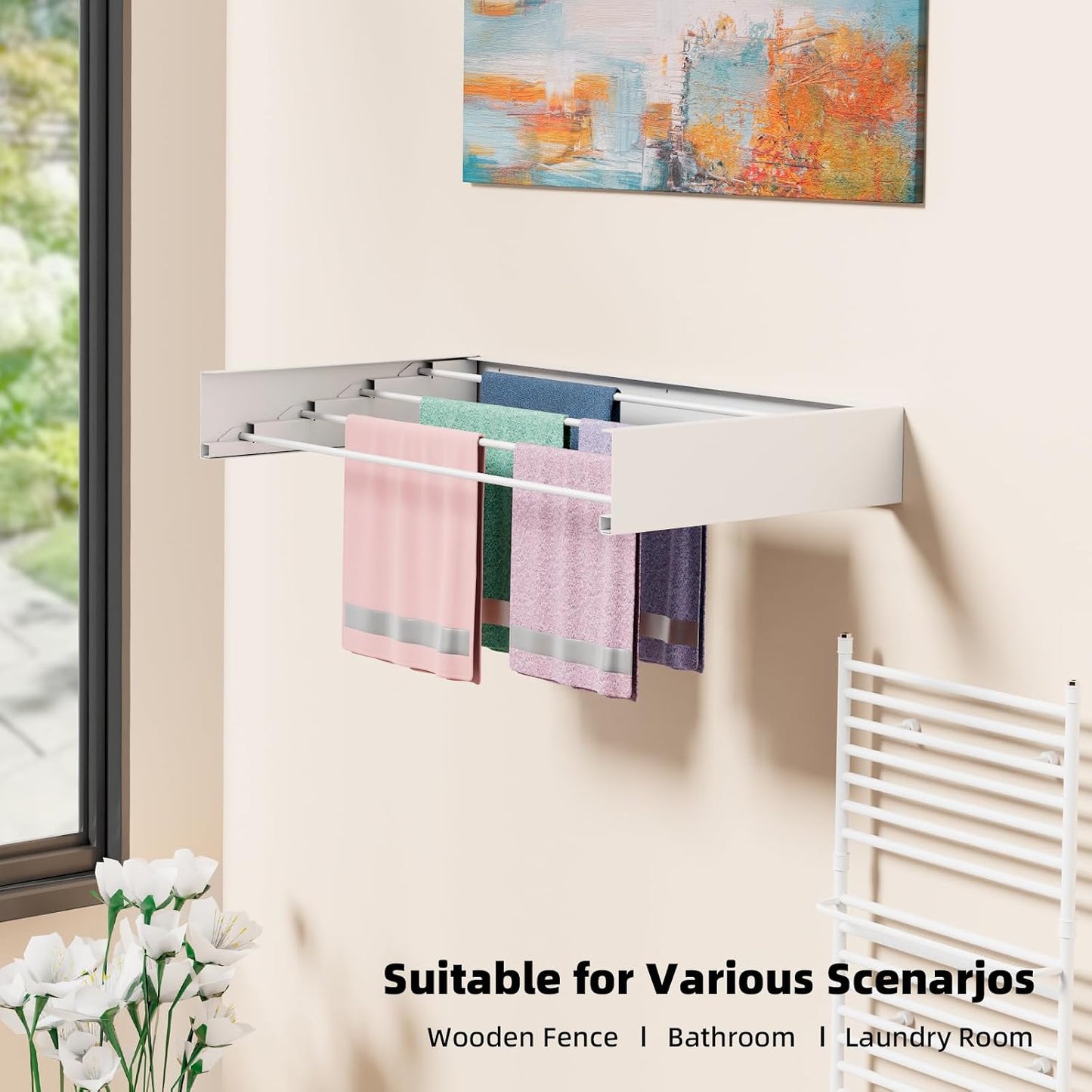 ZMBESUP Wall Mounted Clothes Drying Rack, 31.5" Foldable Collapsible Laundry Rack, Heavy Duty 60 lb Capacity Hidden Space Saver, Includes Wall Template for Laundry Room Indoor Outdoor Balcony (White)
