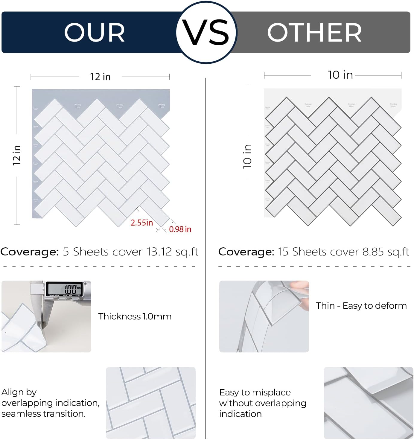 FunStick White Herringbone Peel and Stick Backsplash for Kitchen 12"x12" Peel and Stick on Backsplash Tile Stickers Self Adhesive Wall Tiles for Kitchen Bathroom Shower RV Waterproof Back Splash 5 Pcs