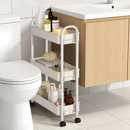 Slim Rolling Cart, Metal Frame Utility Rolling 3-Tier Narrow Storage Cart with Handle Kitchen Storage Organizer, Mobile Shelving Unit for Bathroom Kitchen