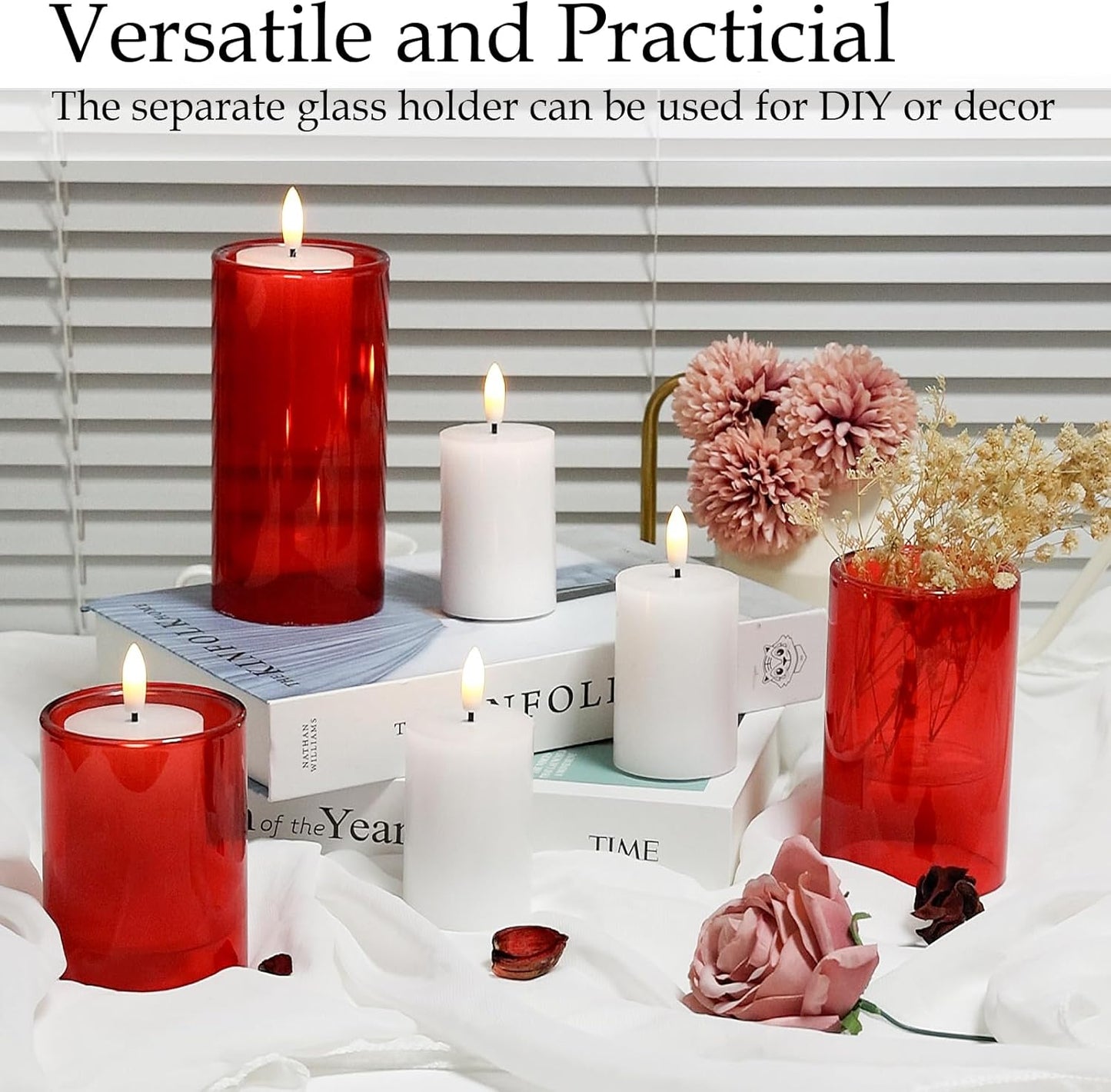 NURADA Flameless Candles with Remote Timer - Glass Real Wax 3D Wick LED Pillar Votive Candle Set Battery Operated Flickering Light for Home Christmas Decoration - White 3 Pack