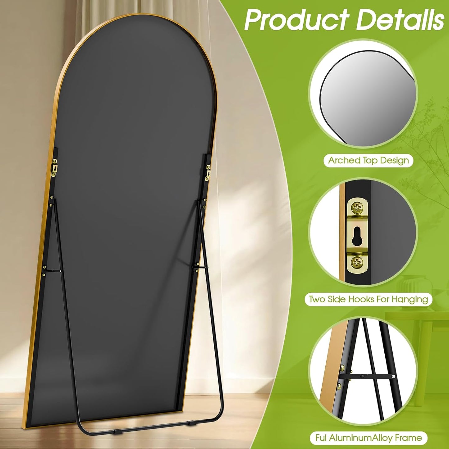 59"x16" Floor Mirror Full Length, Arched Full Length Mirror with Stand, Full Body Mirrors for Bedroom Living Room or Cloakroom Gold