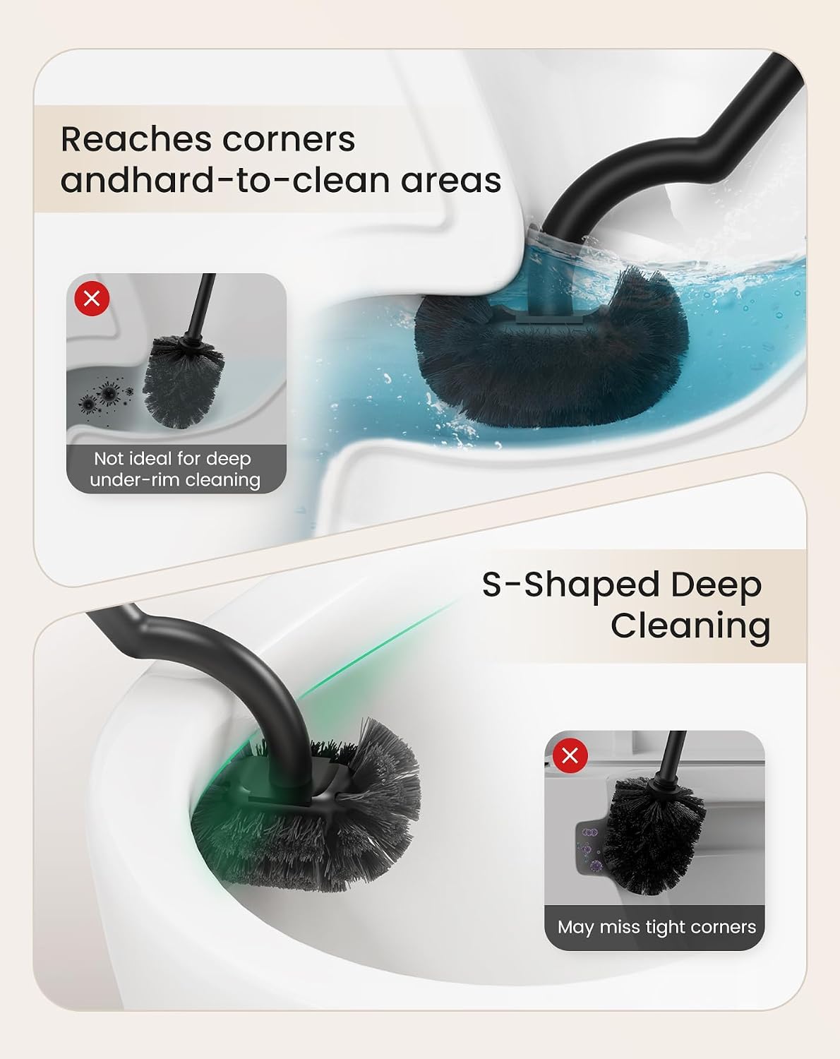 Cesun Toilet Brush and Holder Set with 2 Brush Heads, Curved Toilet Bowl Brush for Under Rim Cleaning, 304 Stainless Steel Holder, Long Handle Toilet Scrubber, Black