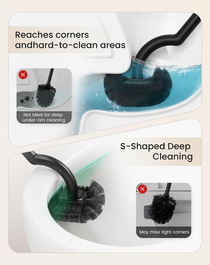 Cesun Toilet Brush and Holder Set with 2 Brush Heads, Curved Toilet Bowl Brush for Under Rim Cleaning, 304 Stainless Steel Holder, Long Handle Toilet Scrubber, Black