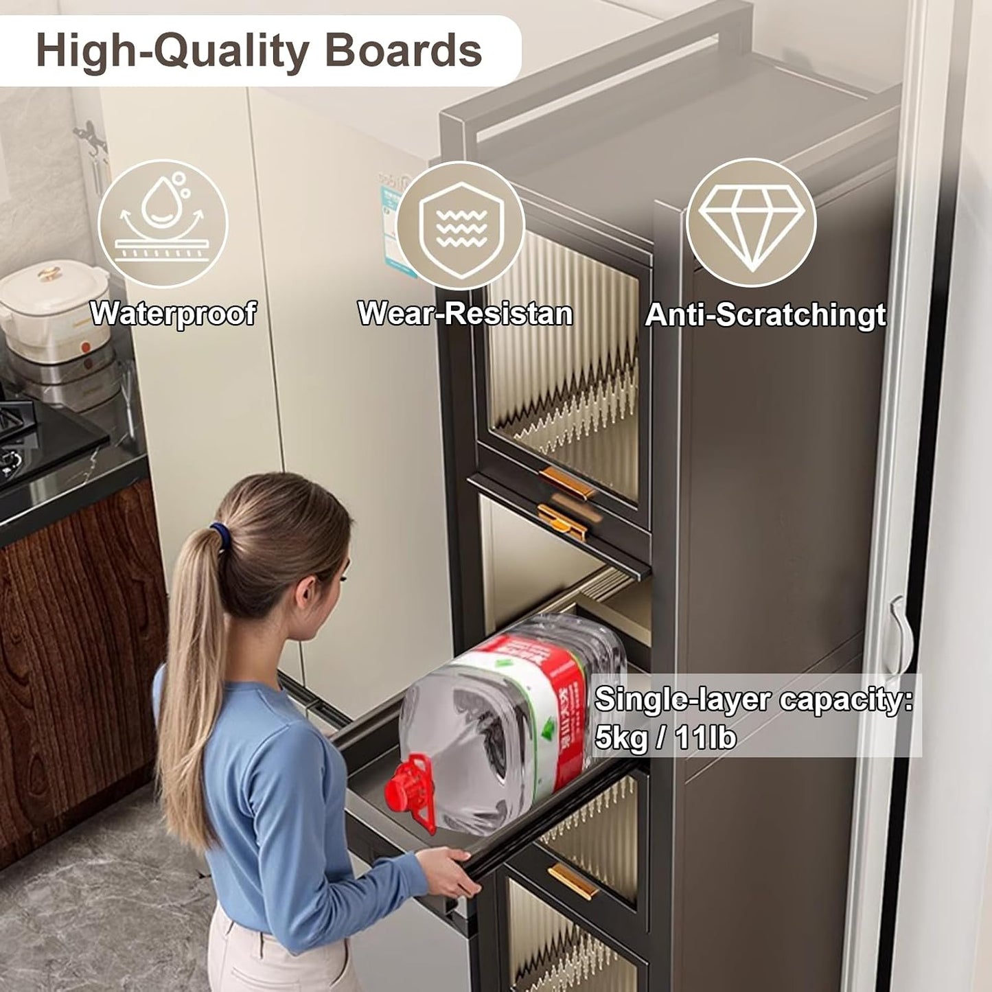 5-Tier Tall Narrow Mobile Shelf Organizer, Slim Storage Cart on Wheels | Pull Out Cabinet Organizer for Small Space Kitchen Space Saving, with Transparent Flap Door Design, Grey
