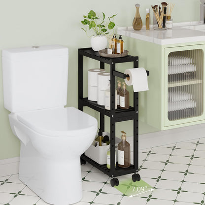 RRX Toilet Paper Holder with 3 Tier,16.14''Dx7.08''Wx28.35''H (Beige) | Small Bathroom Rolling Bamboo Mobile Storage Corner Shelf Cabinet for Narrow Spaces, Freestanding Slim Kitchen Organizer