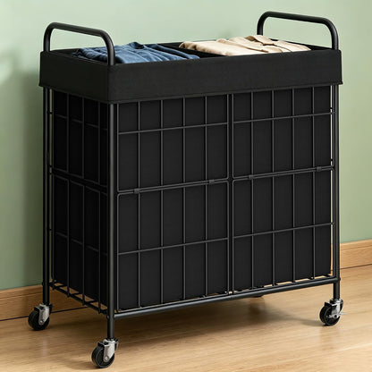 2 Section Laundry Hamper with Wheels and Brake, 100L Laundry Sorter Cart with 2 Removable Liner Bags, Metal Handle, Rolling Laundry Basket for Bedroom Laundry Room
