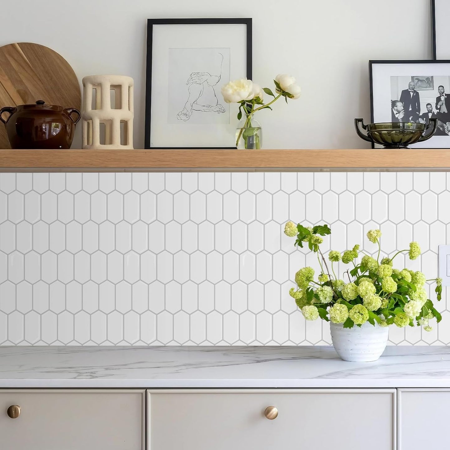 Vamos Tile Upgraded Thicker Design Peel and Stick Backsplash Tile, 10-Sheet Pure White with Gray Grout Long Hexagon Self Adhesive Wall Tiles Stick On Backsplash for Kitchen Bathroom RV Fireplace