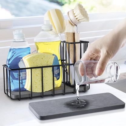 Kitchen Sink Countertop Sponge Holder - Stainless Steel Soap Caddy - Home Decor Kitchens Counter Organizer Accessories - Dish Brush Holder with Drain Rack and Tray - Organization and Storage Gadgets