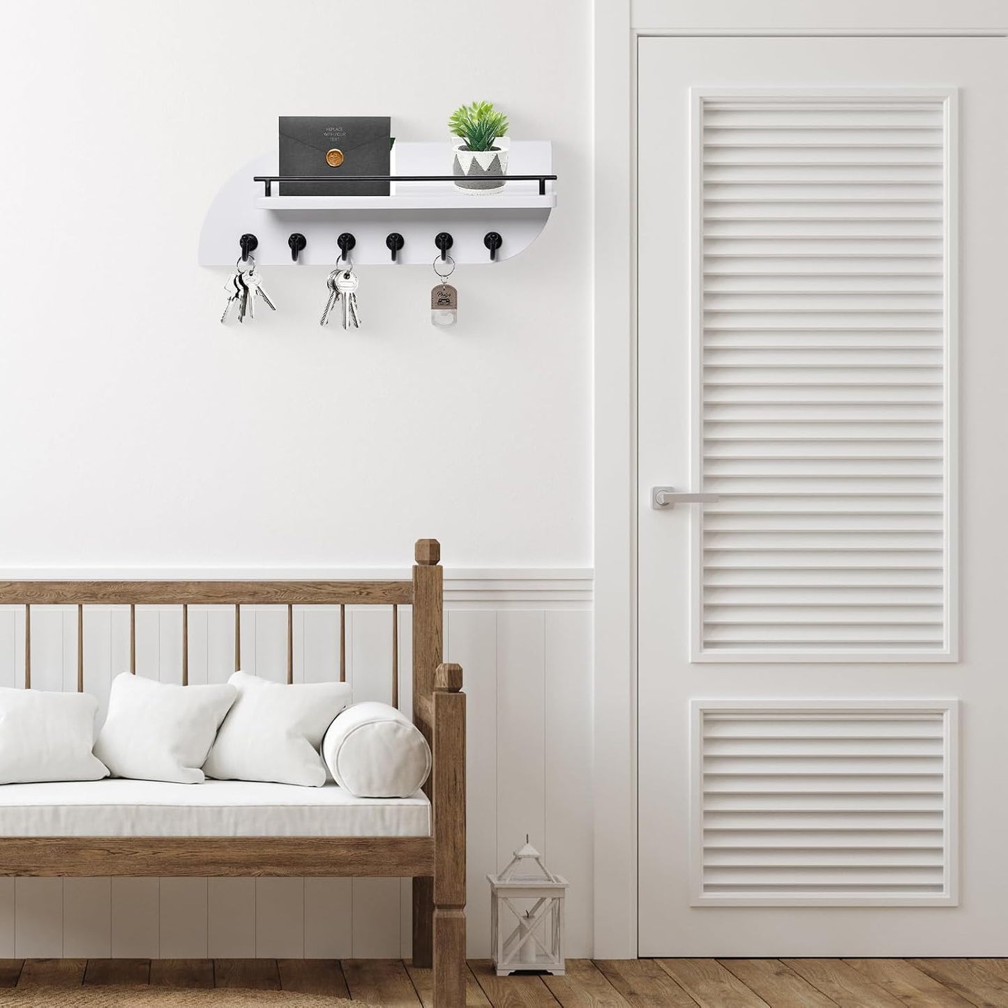 Key Holder for Wall, Decorative Key and Mail Organizer with 6 Sturdy Metal Hooks and Floating Shelf, 14 Inches Wood Wall Mounted Key Rack for Entryway, White and Gold