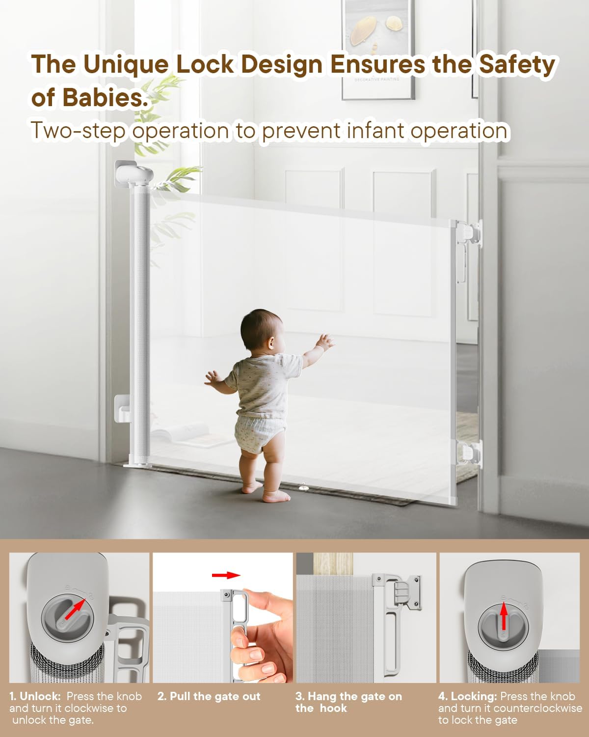 Retractable Baby Gate - 55" Wide Mesh Pet Gate with Anti-Crawling Hook, Safety Lock, One-Hand Operation, 34" Tall Baby Gate for Stairs, Doorways, Hallways, Garage, Indoor Outdoor, Black