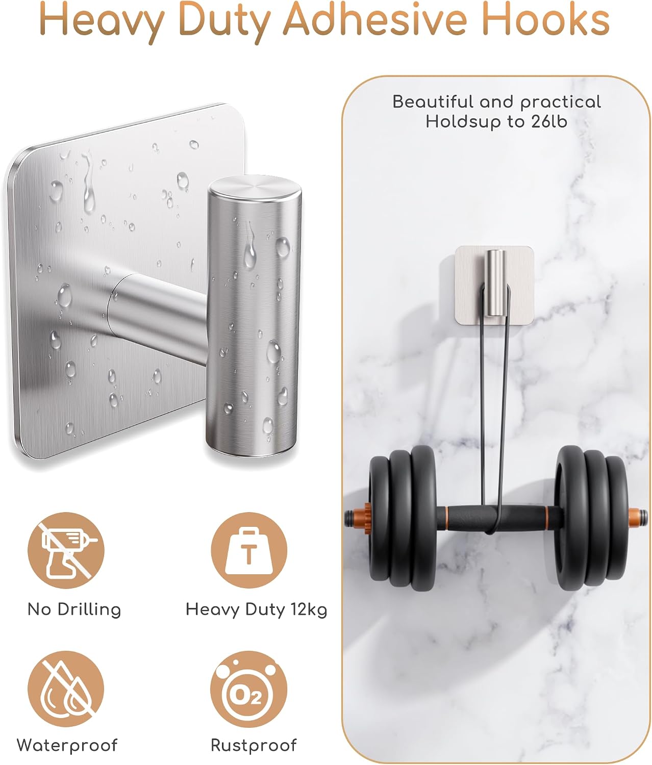 Aikzik 4 Pack Large Heavy Duty Wall Hooks - 26lb Max, Stainless Steel Adhesive Towel Hook, Shower Hooks for Hanging Towel, Coat, Robe, Wall Hook for Use in Bathroom, Kitchen and Door, Matte Black