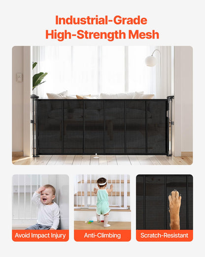 VEVOR Retractable Baby Gate, 34 inch Tall, Extends up to 71 inch Wide, Retractable Gate for Kids or Pets, Mesh Material, Easy to Install for Indoor Stairs, Doorways, Hallways, Playrooms, Black