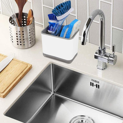 KeFanta Sink Caddy for Countertop, Sponge Holder for Kitchen Sink, Dish Sponge and Brush Holder, Plastic Dish Scrubber Organizer with Drain Pan, Black