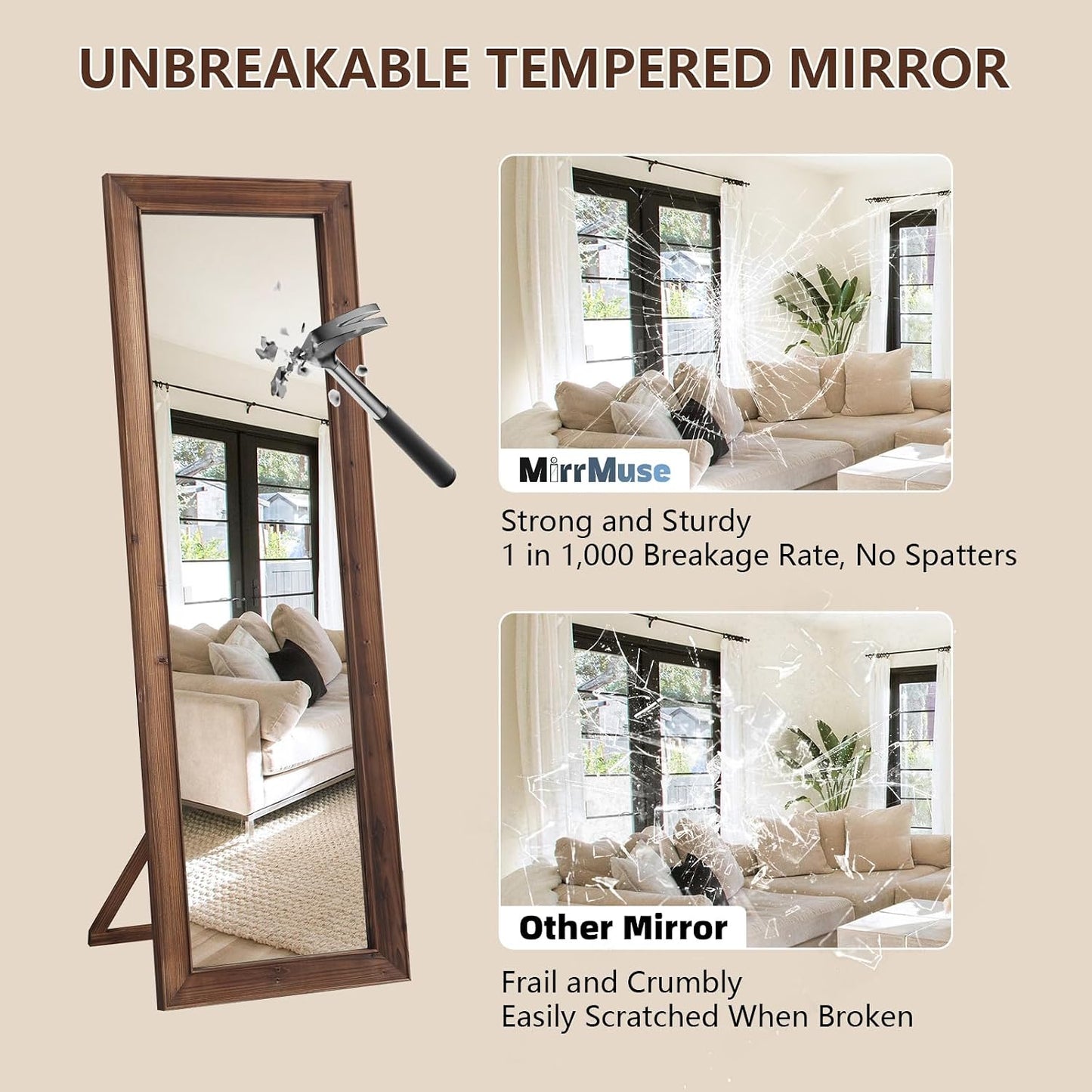 Rustic Standing Full Length Mirror Wood Frame, 56"X21" Farmhouse Floor Mirror for Bedroom Living Room Entryway, Hanging or Leaning Wall-Mounted Full Body Mirror, Tempered Glass, White
